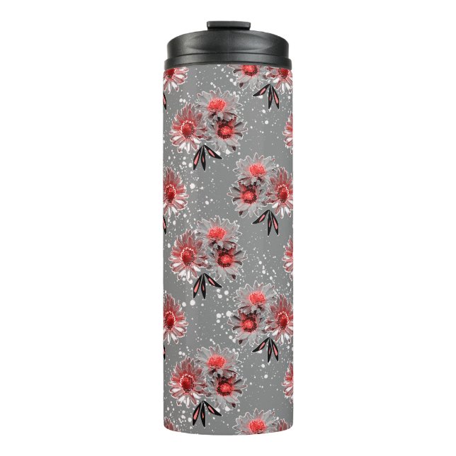 Red flowers on gray thermal tumbler (Front)