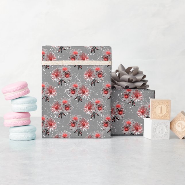 Red flowers on gray wrapping paper (Baby Shower)