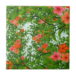 Red Flowers on Green Ceramic Tile