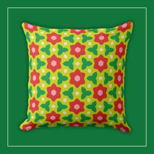 Red Flowers on Modern Lime Green Geometric Floral Throw Pillow