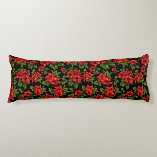 Red flowers on the black background body pillow