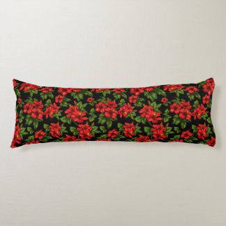 Red flowers on the black background Body Pillow