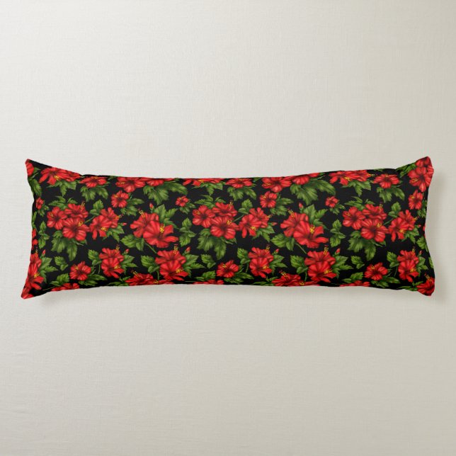  Red flowers on the black background Body Pillow (Front)