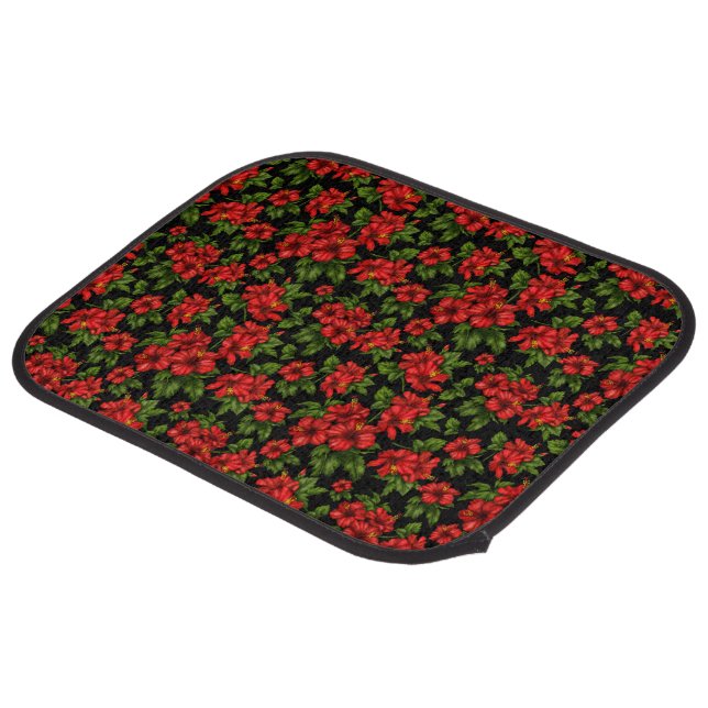 Red flowers on the black background car floor mat (Rear Angled)