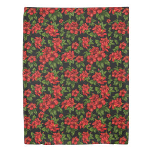 Red flowers on the black background duvet cover