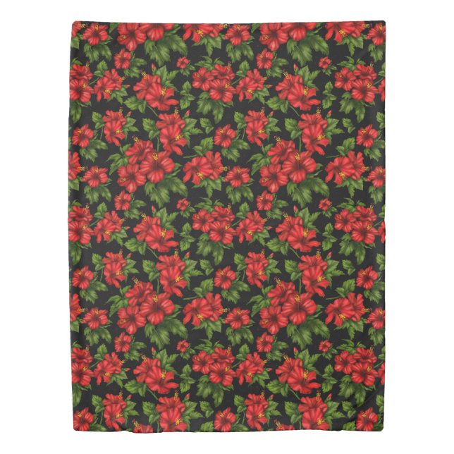Red flowers on the black background duvet cover (Front)