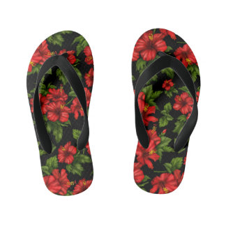 Red flowers on the black background kid's flip flops