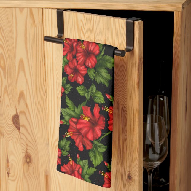 Red flowers on the black background kitchen towel (Thirds Fold)