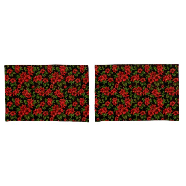 Red flowers on the black background pillow case (Front-Set)