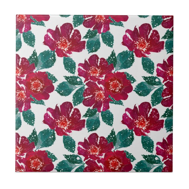 Red flowers on white. ceramic tile (Front)