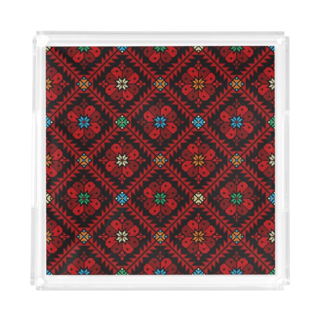 Red flowers Palestine Embroidery tatreez Pattern Acrylic Tray (Front)