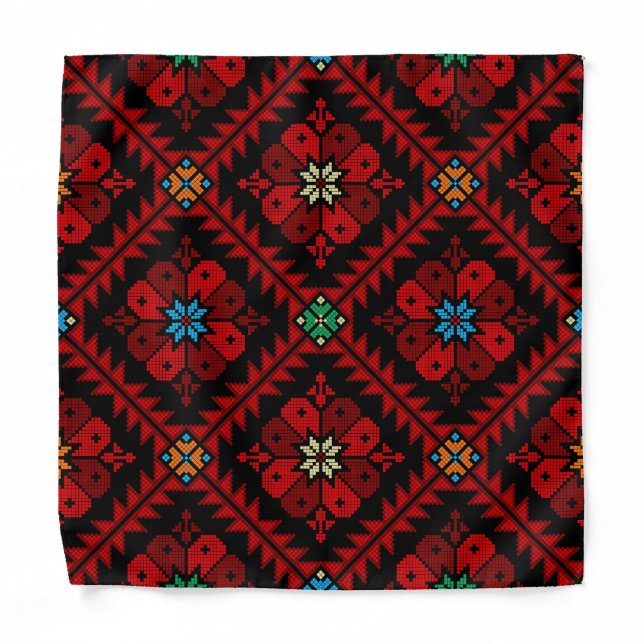 Red flowers Palestine Embroidery tatreez Pattern Bandana (Front)