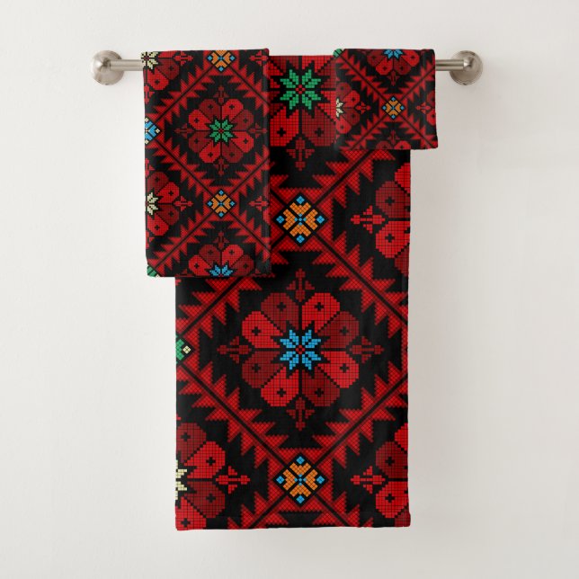 Red flowers Palestine Embroidery tatreez Pattern Bath Towel Set (Insitu)
