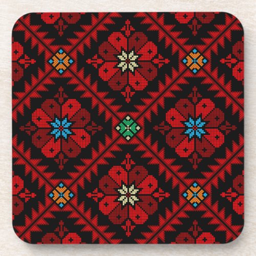 Red flowers Palestine Embroidery tatreez Pattern Beverage Coaster