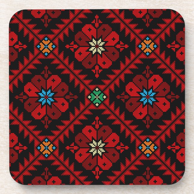 Red flowers Palestine Embroidery tatreez Pattern Beverage Coaster (Front)