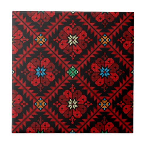 Red flowers Palestine Embroidery tatreez Pattern Ceramic Tile