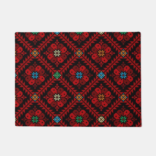 Red flowers Palestine Embroidery tatreez Pattern Doormat (Front)