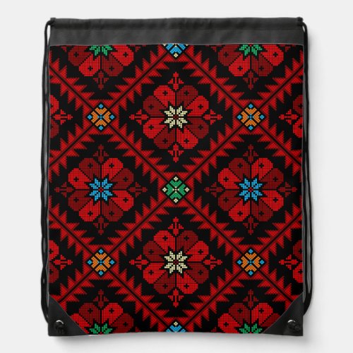 Red flowers Palestine Embroidery tatreez Pattern Drawstring Bag