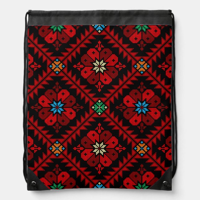 Red flowers Palestine Embroidery tatreez Pattern Drawstring Bag (Front)
