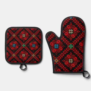 Red flowers Palestine Embroidery tatreez Pattern Oven Mitt & Pot Holder Set
