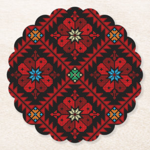 Red flowers Palestine Embroidery tatreez Pattern Paper Coaster