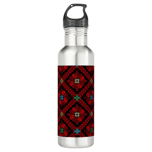 Red flowers Palestine Embroidery tatreez Pattern Stainless Steel Water Bottle (Front)