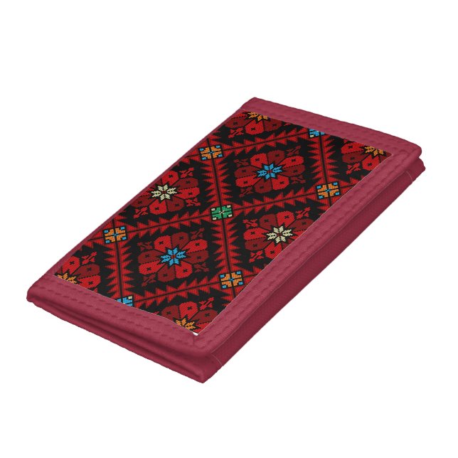 Red flowers Palestine Embroidery tatreez Pattern Trifold Wallet (Bottom)