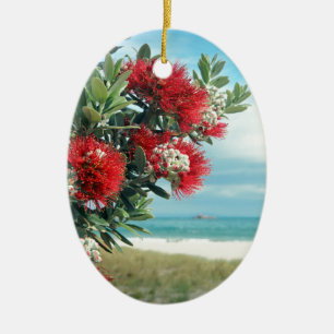 Red flowers paradise beach New Zealand summer Ceramic Ornament