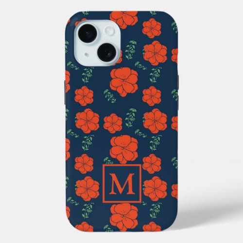 Red Flowers Pattern Dark Blue Monogram iPhone 15 Case