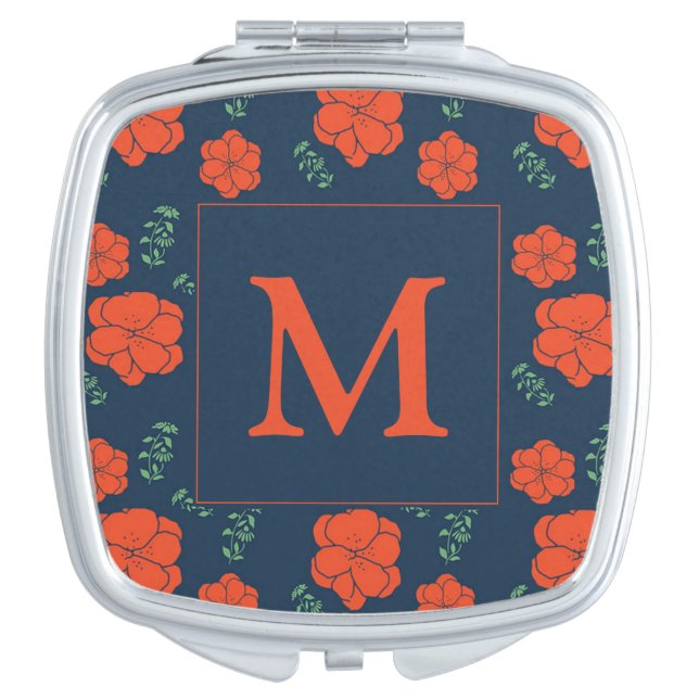 Red Flowers Pattern Dark Blue Monogram Compact Mirror (Front)