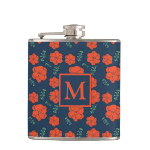 Red Flowers Pattern Dark Blue Monogram Flask