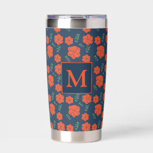Red Flowers Pattern Dark Blue Monogram Insulated Tumbler