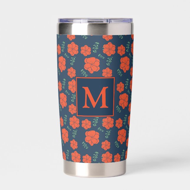 Red Flowers Pattern Dark Blue Monogram Insulated Tumbler (Front)