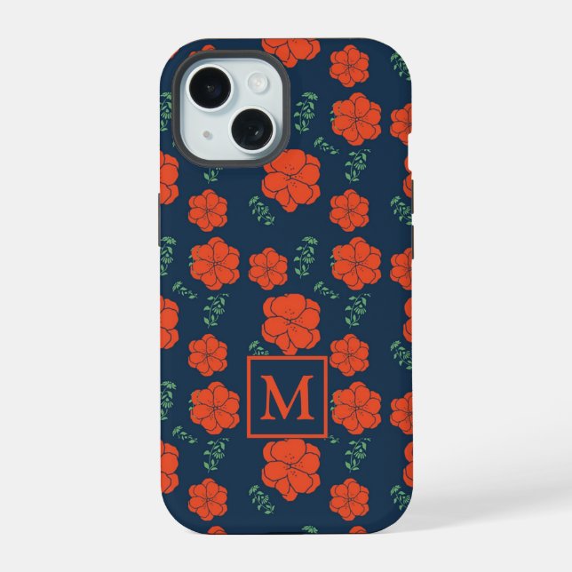 Red Flowers Pattern Dark Blue Monogram Iphone Case (Back)
