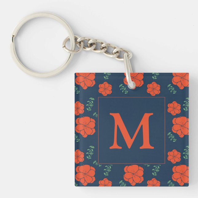 Red Flowers Pattern Dark Blue Monogram Keychain (Front)