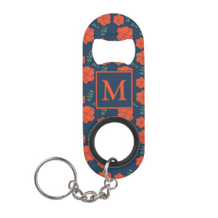 Red Flowers Pattern Dark Blue Monogram Keychain Bottle Opener