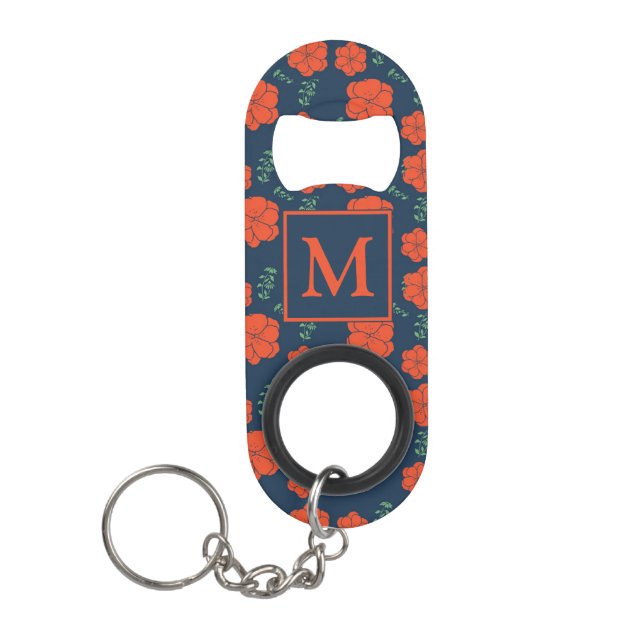 Red Flowers Pattern Dark Blue Monogram Keychain Bottle Opener (Front)