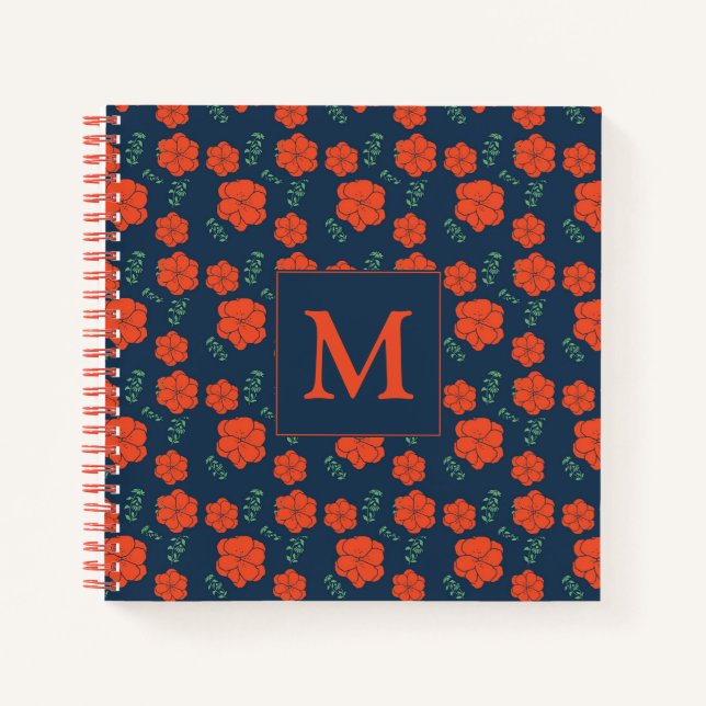 Red Flowers Pattern Dark Blue Monogram Notebook (Front)