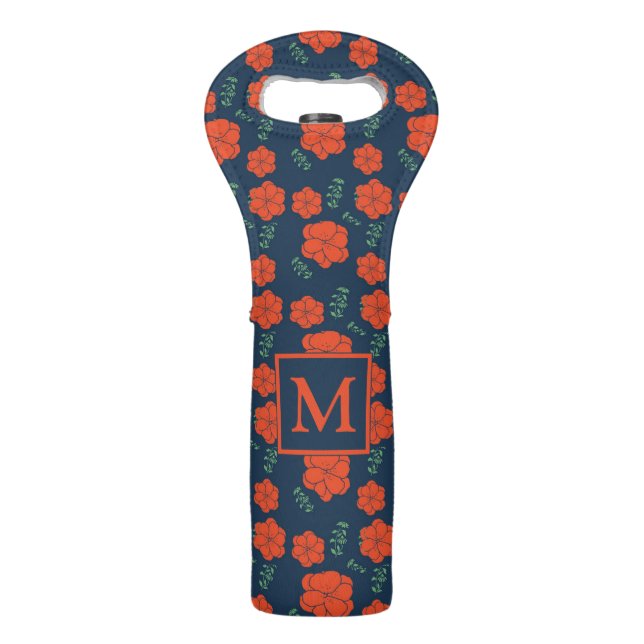 Red Flowers Pattern Dark Blue Monogram Wine Bag (Front)