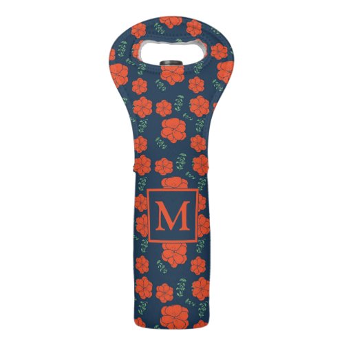 Red Flowers Pattern Dark Blue Monogram Wine Bag