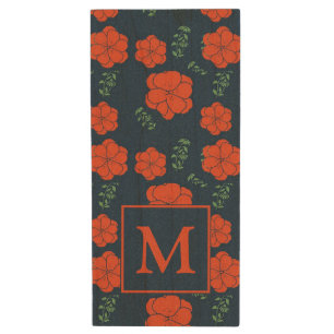 Red Flowers Pattern Dark Blue Monogram Wood Flash Drive