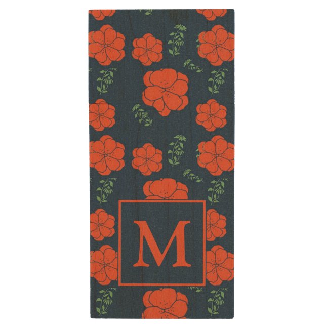 Red Flowers Pattern Dark Blue Monogram Wood Flash Drive (Front Vertical)