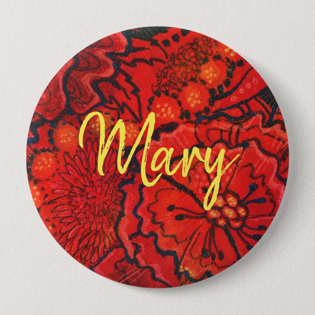 Red Flowers personalized monogram name custom text Button (Front)