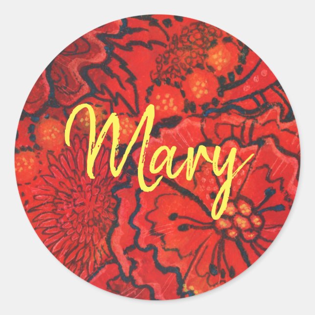 Red Flowers personalized monogram name custom text Classic Round Sticker (Front)