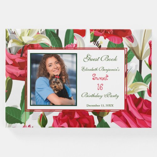 Red Flowers Photo Sweet Sixteen Birthday Guest Book