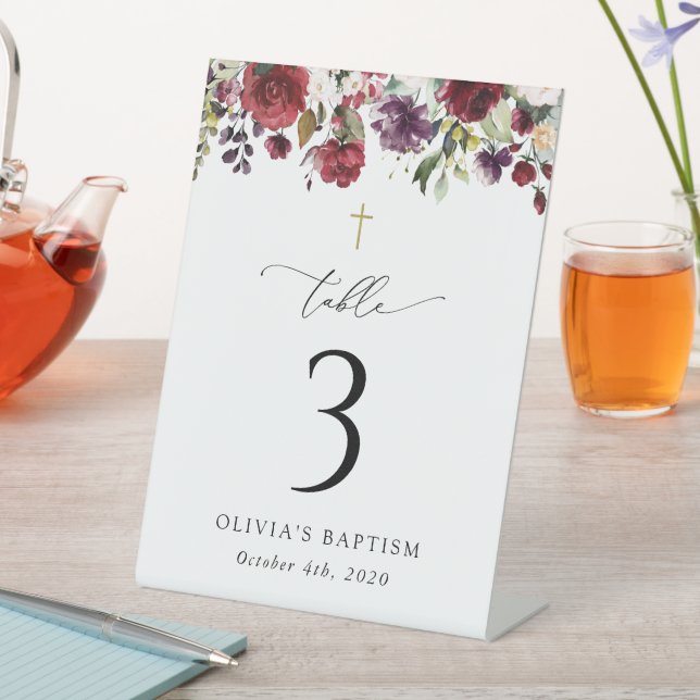 Red Flowers, Pink Flowers, Baptism Table Numbers Pedestal Sign (In SItu)