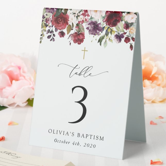 Red Flowers, Pink Flowers, Baptism Table Numbers Table Tent (In SItu (Wedding))