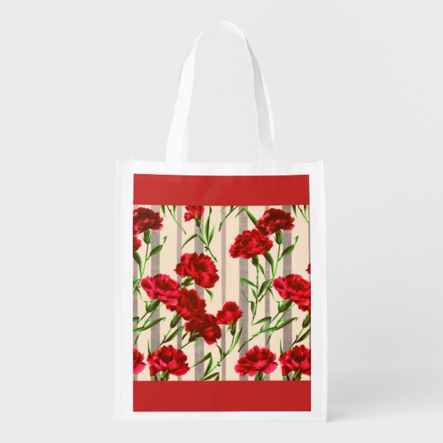red flowers print reusable grocery bag (Front)