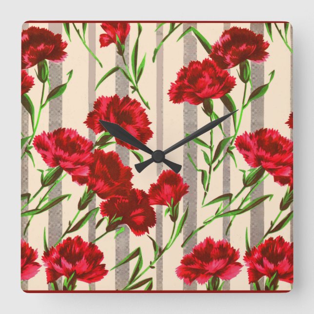 red flowers print square wall clock (Front)