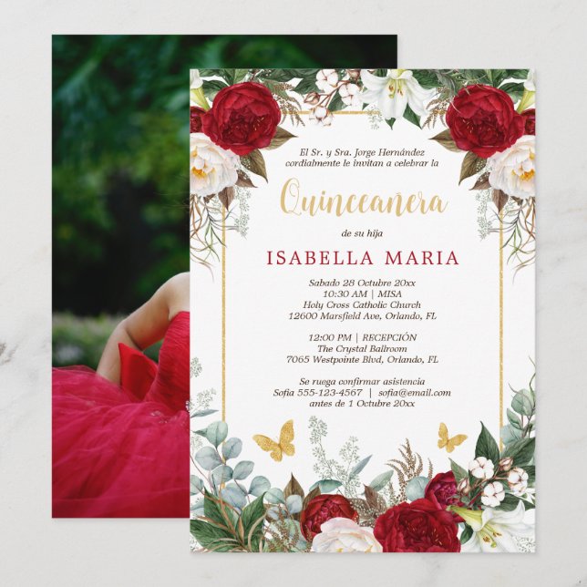 Red Flowers Quinceanera Invitation in Spanish  (Front/Back)